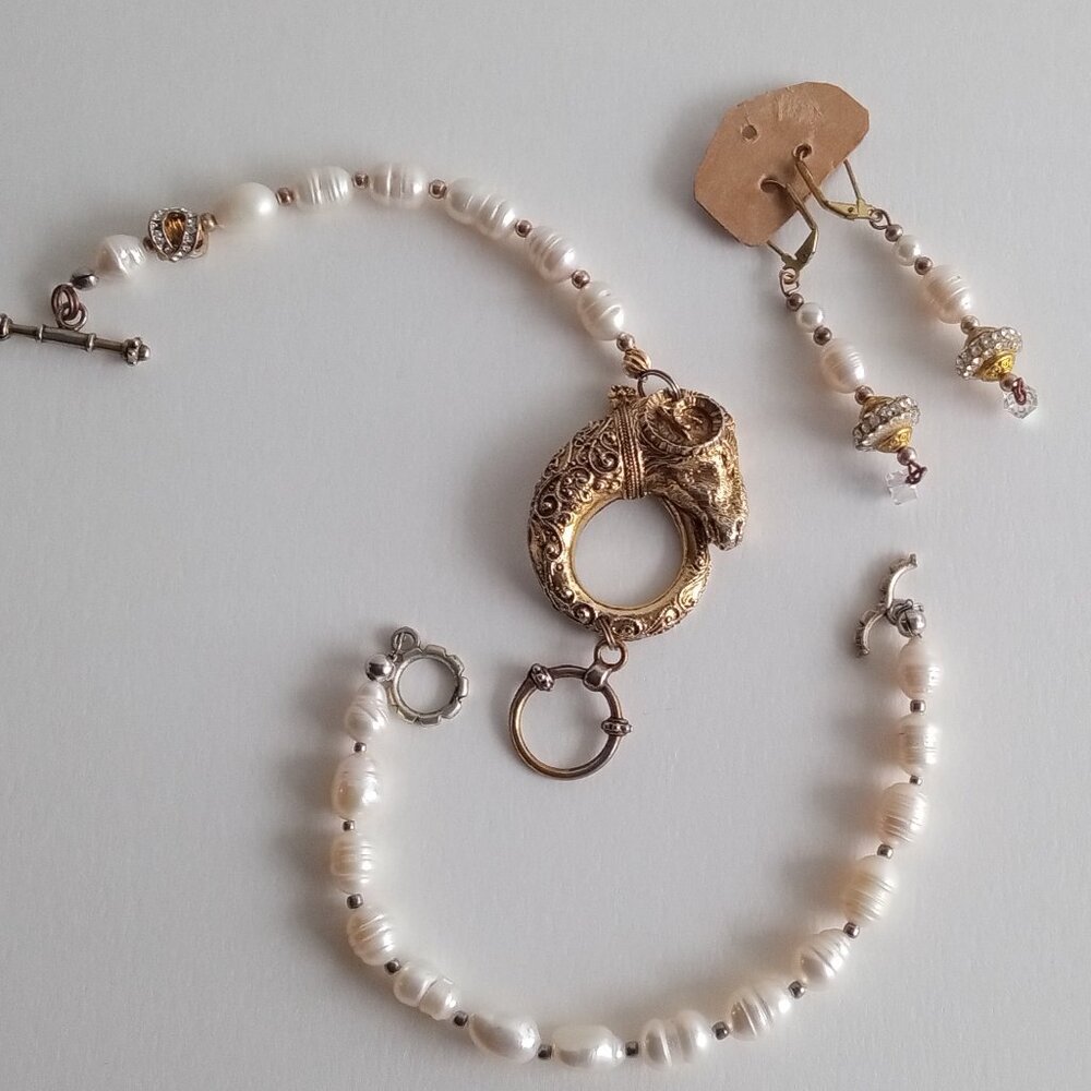 ART Arthur Pepper Signed Ram Head Faux Pearl Rhinestone Bracelet &Earring Set